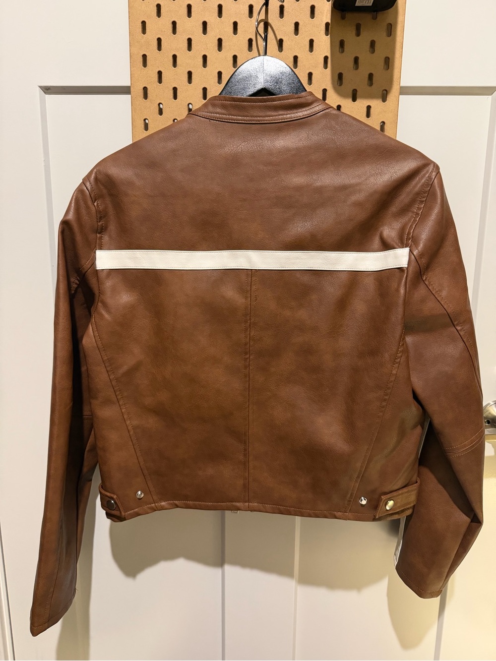 Women's Brown Leather Racer Stripe Jacket - Cream Accent - Picture 4 of 5
